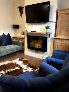 a living room with a fireplace and a tv at The Plumb Townhouse in Warwick Centre in Warwick