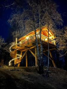 una casa en el árbol con terraza por la noche en La quiete di Ileana Sofian, en Pamparato