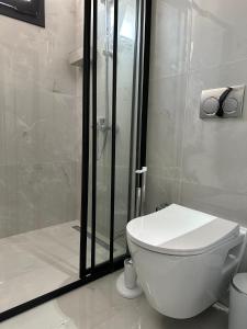 a bathroom with a toilet and a glass shower at Anka recidence in Istanbul