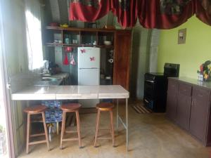 cocina con encimera con taburetes y nevera en Casita Doña Isabel, en Bijagua