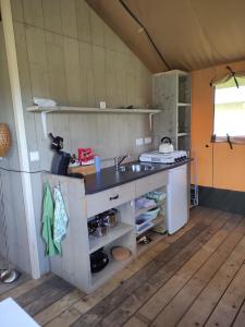 een keuken met een wastafel en een aanrecht bij Camping De Boerinn in Kamerik