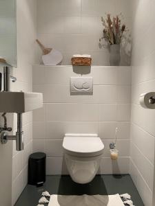 a white bathroom with a toilet and a sink at Stunning apartment by MAS in Antwerp