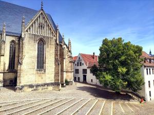 Una iglesia antigua con un árbol delante de ella. en Altstadtblick Altenburg, en Altemburgo