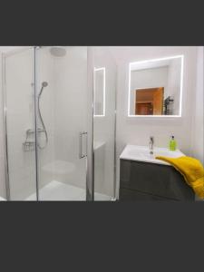 y baño con ducha, lavabo y espejo. en Thistle cottage 5 star luxury cottage with Hot Tub, en Scarborough