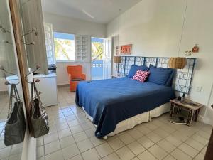 1 dormitorio con 1 cama azul y 1 silla en Casa Maragogi, Ponta de Mangue - AL, en Maragogi