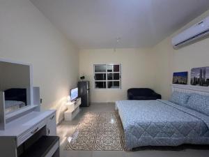 a bedroom with a bed and a television in it at Furnished Studio Apartment in Abu Dhabi