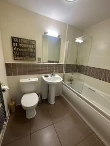 ein Bad mit einem WC, einem Waschbecken und einer Dusche in der Unterkunft The Drake Apartment in Plymouth