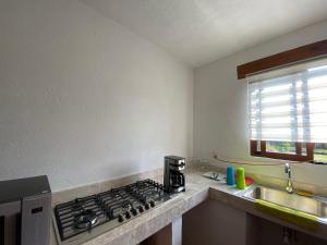 uma cozinha com uma placa de fogão e um lavatório em Casa Las Animas Malinalco em Malinalco