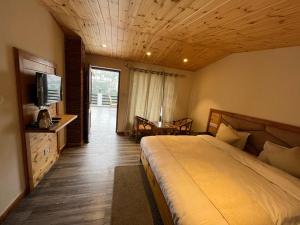 een slaapkamer met een groot bed en een televisie bij Hotel Wild Spring Mussoorie in Mussoorie