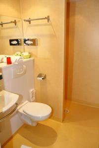 a bathroom with a white toilet and a sink at Rev'hotel in Ribérac