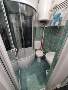 a bathroom with a shower and a toilet and a sink at CHIC APARTMENT- Place to Remember in Galaţi