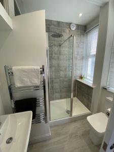 a bathroom with a shower and a toilet and a sink at Camelot Guest House in Falmouth