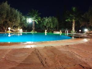 a large swimming pool at night with palm trees at Riad Sidi Hicham in Marrakesh