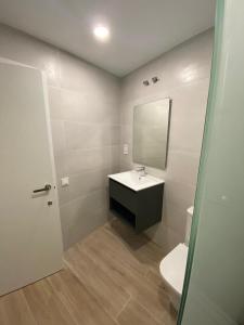 a bathroom with a sink and a mirror and a toilet at Travel Habitat Cabanyal Lofts in Valencia