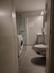 a bathroom with a washing machine and a toilet at Leilighet in Porsgrunn
