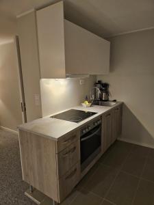 a kitchen with a sink and a stove top oven at Leilighet in Porsgrunn