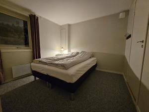 - un petit lit dans une chambre avec fenêtre dans l'établissement Leilighet, à Porsgrunn