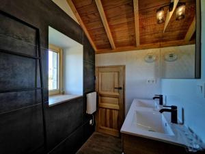 La salle de bains est pourvue d'un lavabo et d'un plafond en bois. dans l'établissement L'œil des Bois - Gîte Familial - Vue panoramique, à Lapte