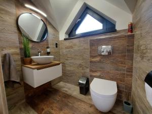 a bathroom with a sink and a mirror at Chata Elegant in Bešeňová +51 photos