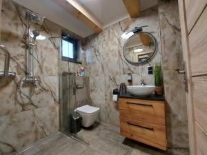 a bathroom with a shower and a toilet and a sink at Chata Elegant in Bešeňová