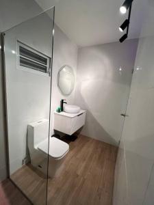 a bathroom with a toilet and a sink and a mirror at Playa y Campo Balcony Studio in Isabela