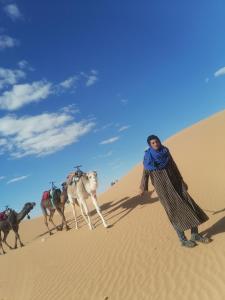 a woman standing in the desert with a group of camels at Standar camp merzouga in Merzouga