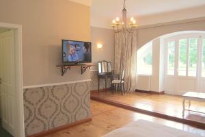 un salon avec une télévision à écran plat sur un mur dans l'établissement Landhotel Gut Zarrentin, à Gransebieth