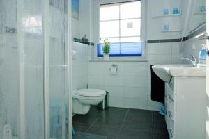 a bathroom with a toilet and a sink and a window at Doppelhaushälfte Dock No 7 0 in Zirchow in Zirchow +17 photos
