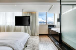 um quarto de hotel com uma cama e uma televisão de ecrã plano em Mercure Belo Horizonte Lourdes em Belo Horizonte
