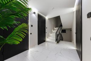 um corredor com uma porta preta e uma escada com uma planta verde em Luxury Apartments Laborca em Uzhhorod