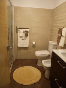 uma casa de banho com um WC, um lavatório e um tapete em El mirador de Mila en el corazón del Salnes VUT-PO-07707 em Cambados
