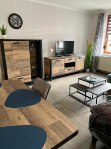 uma sala de estar com um sofá, uma televisão e uma mesa em Ferienwohnung Teichidyll Altenburg em Altemburgo