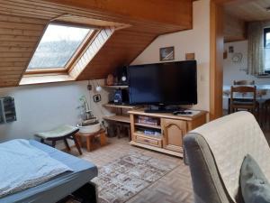 a living room with a flat screen tv and a bed at Ferienwohnung Breuer 