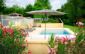 una piscina con sombrilla y algunas flores en Les Chalets du Brusquand en Marquay