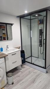 a bathroom with a glass shower and a sink at Domaine de la Griffe - Chambres d'hôtes à la montagne in La Roche-sur-Foron