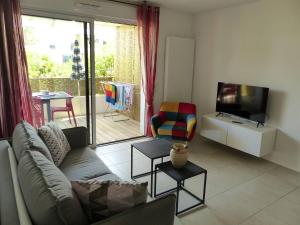 uma sala de estar com um sofá e uma televisão em Residence Coeur boise appartement avec terrasse et wifi Espace vert em Capbreton