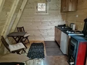 a kitchen with a stove and a table in a cabin at M&K chalets in Žabljak