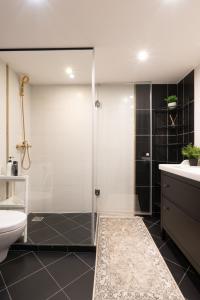 a bathroom with a shower and a toilet and a sink at Spacious & Cozy loft Near Old Town in Vilnius