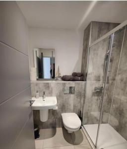 a bathroom with a toilet and a shower and a sink at Royal Atlantic View Apartment in Portrush
