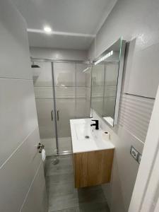 ein Bad mit einem Waschbecken und einer Dusche mit einem Spiegel in der Unterkunft Resitur Luxury Suit 6 in Sevilla