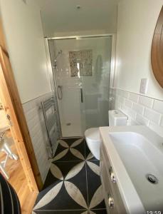 a bathroom with a shower and a toilet and a sink at City Central Quiet Garden Studio with Free Parking in Inverness