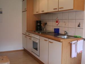 cocina con fregadero y encimera en Ferienwohnung Talblick, en Todtmoos