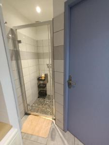 a bathroom with a shower with a glass door at Le coteau 3 chambres in Charmes