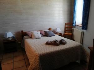 Un dormitorio con una cama con dos zapatos. en La Ferriere, en Saint-Médard-en-Forez