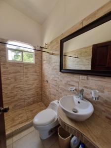 a bathroom with a toilet and a sink and a mirror at Mini Apartamento Giada in Nicoya