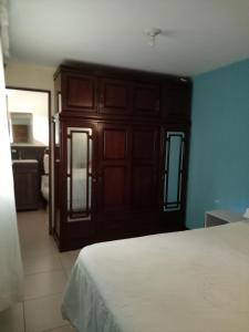 una camera con letto e armadio in legno di Habitación cómoda a Villa Nueva