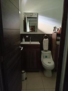 uma casa de banho com um WC, um lavatório e um espelho. em Habitación cómoda em Villa Nueva