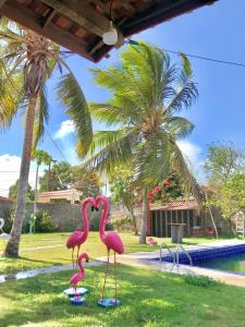 two pink flamingos standing in the grass near a pool at Espaço Billynghan in Barreirinhas