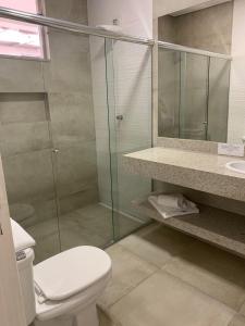 a bathroom with a toilet and a glass shower at Hotel Ouro Verde in Três Pontas