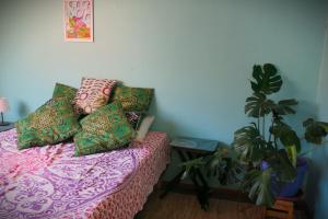 a bedroom with a bed with pillows and a plant at Habitación céntrica Valparadise in Valparaíso